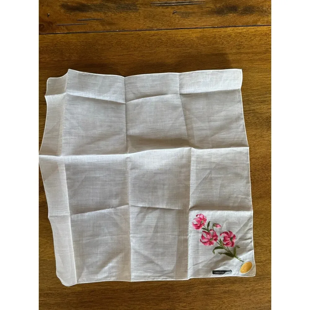 Vintage 1950s Swiss Cotton Cocktail Napkin Embroidered Floral NOS